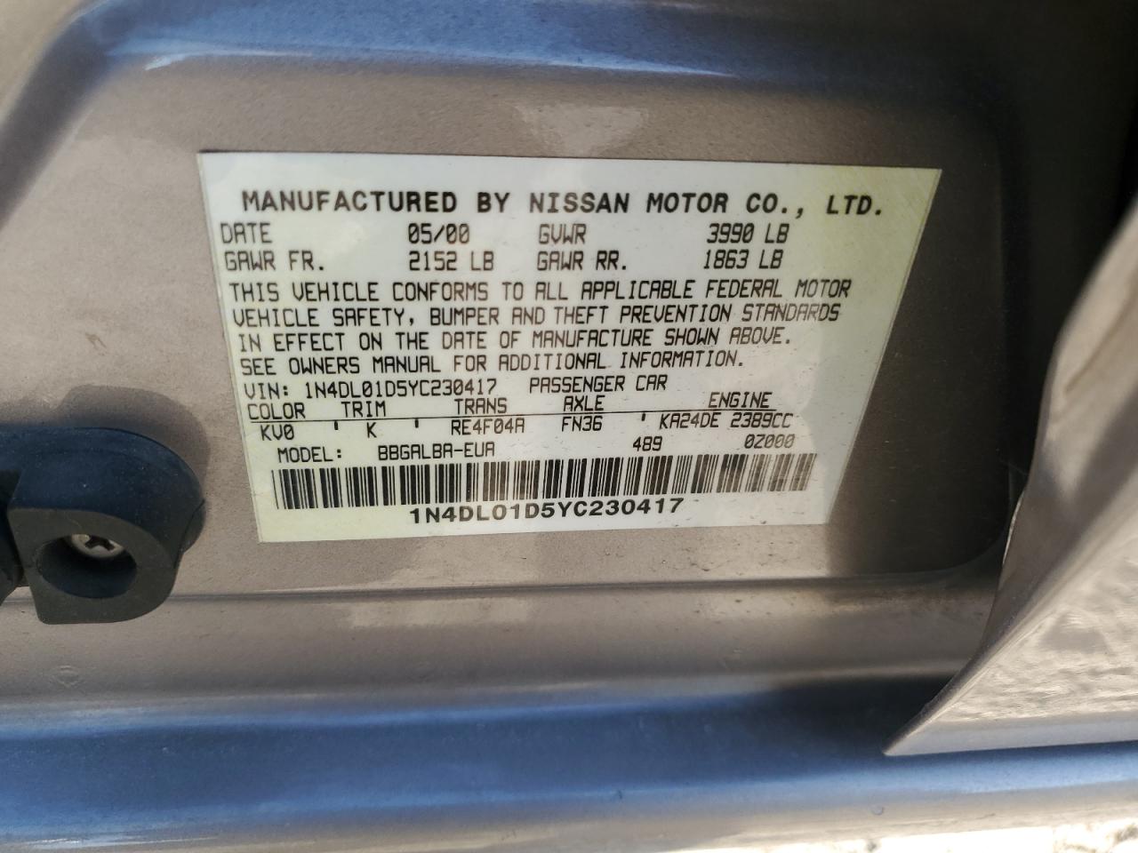 2000 Nissan Altima Xe VIN: 1N4DL01D5YC230417 Lot: 60598144