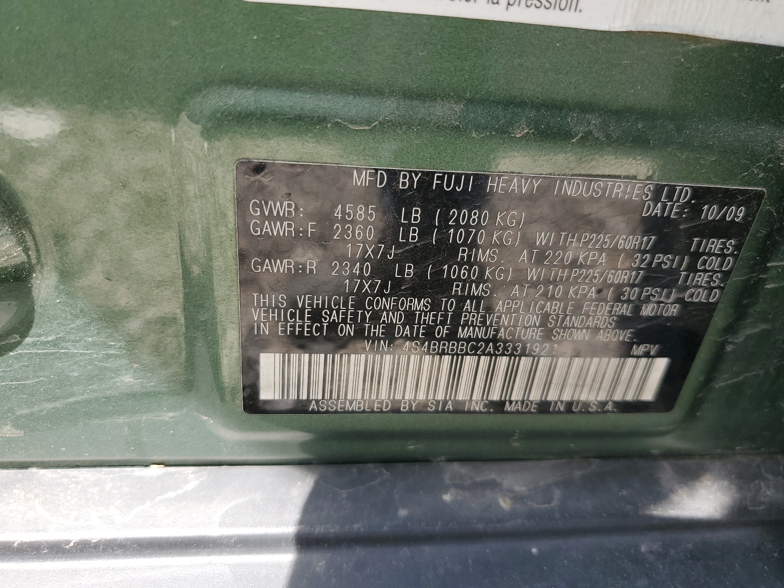 4S4BRBBC2A3331921 2010 Subaru Outback 2.5I Premium