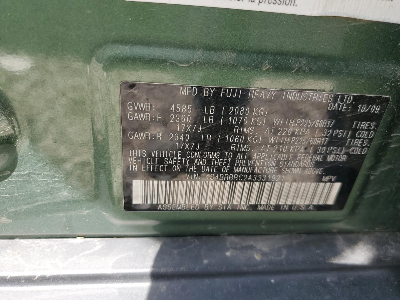 2010 Subaru Outback 2.5I Premium VIN: 4S4BRBBC2A3331921 Lot: 59618134