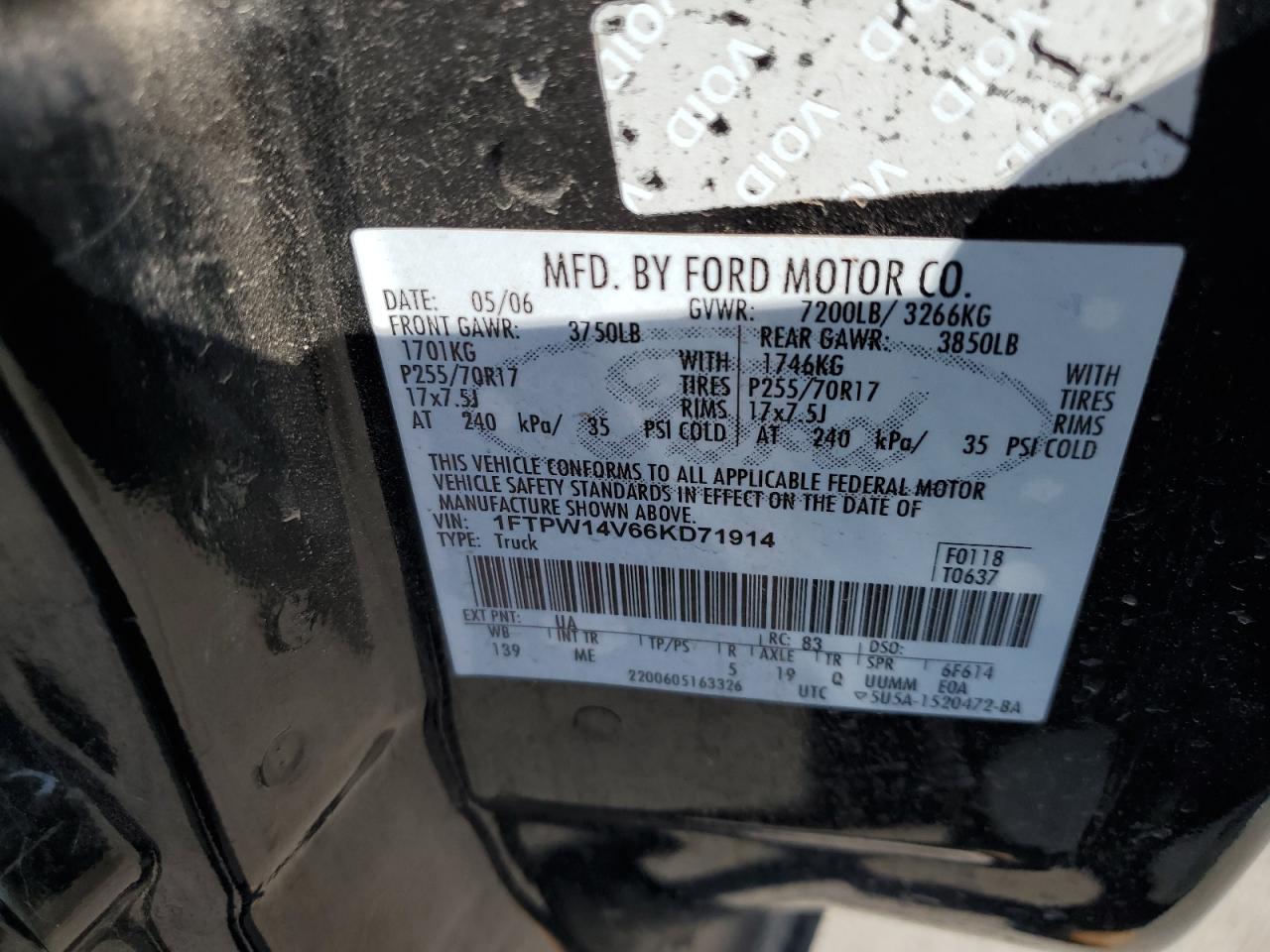 2006 Ford F150 Supercrew VIN: 1FTPW14V66KD71914 Lot: 58319094