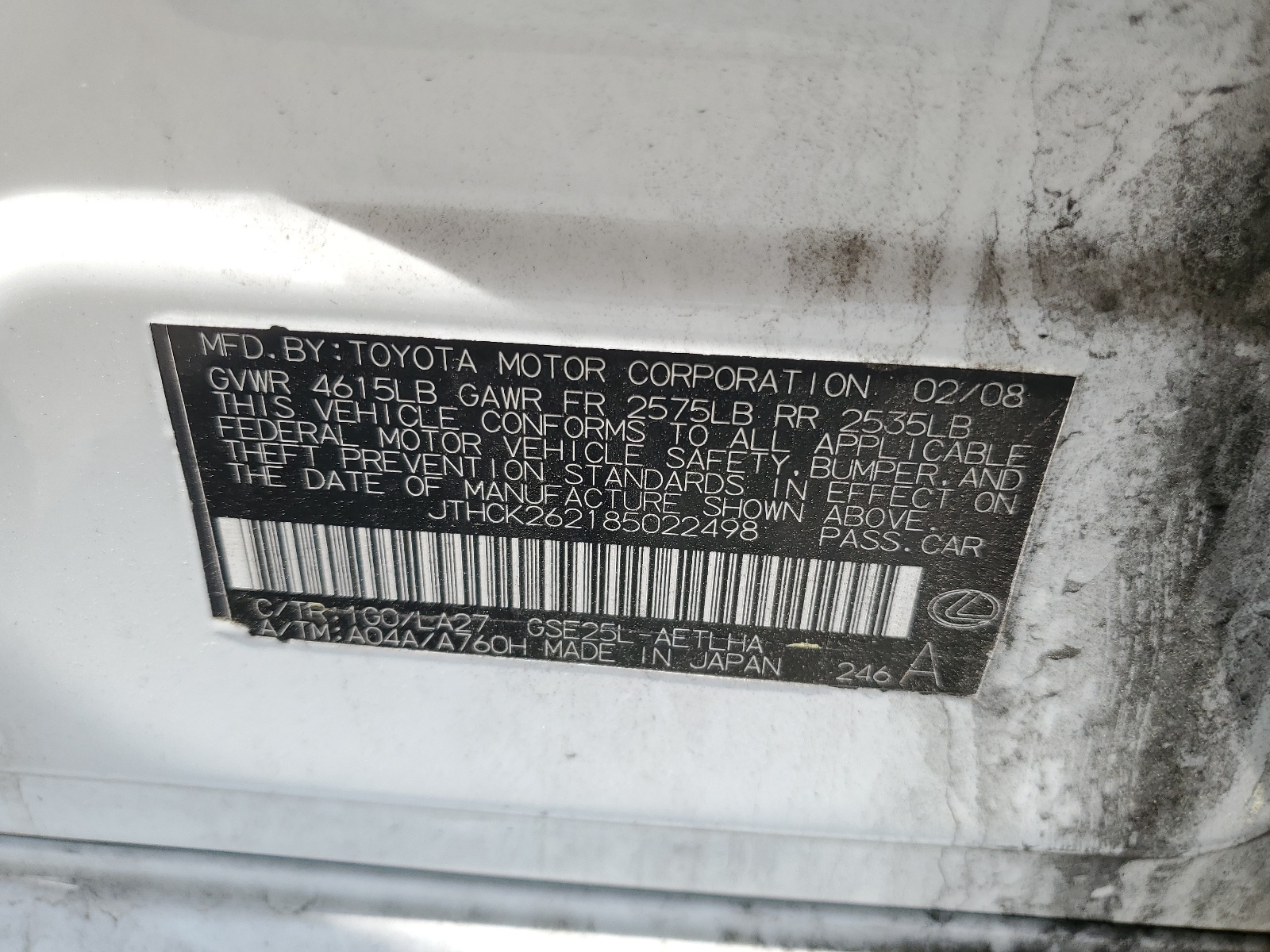 JTHCK262185022498 2008 Lexus Is 250