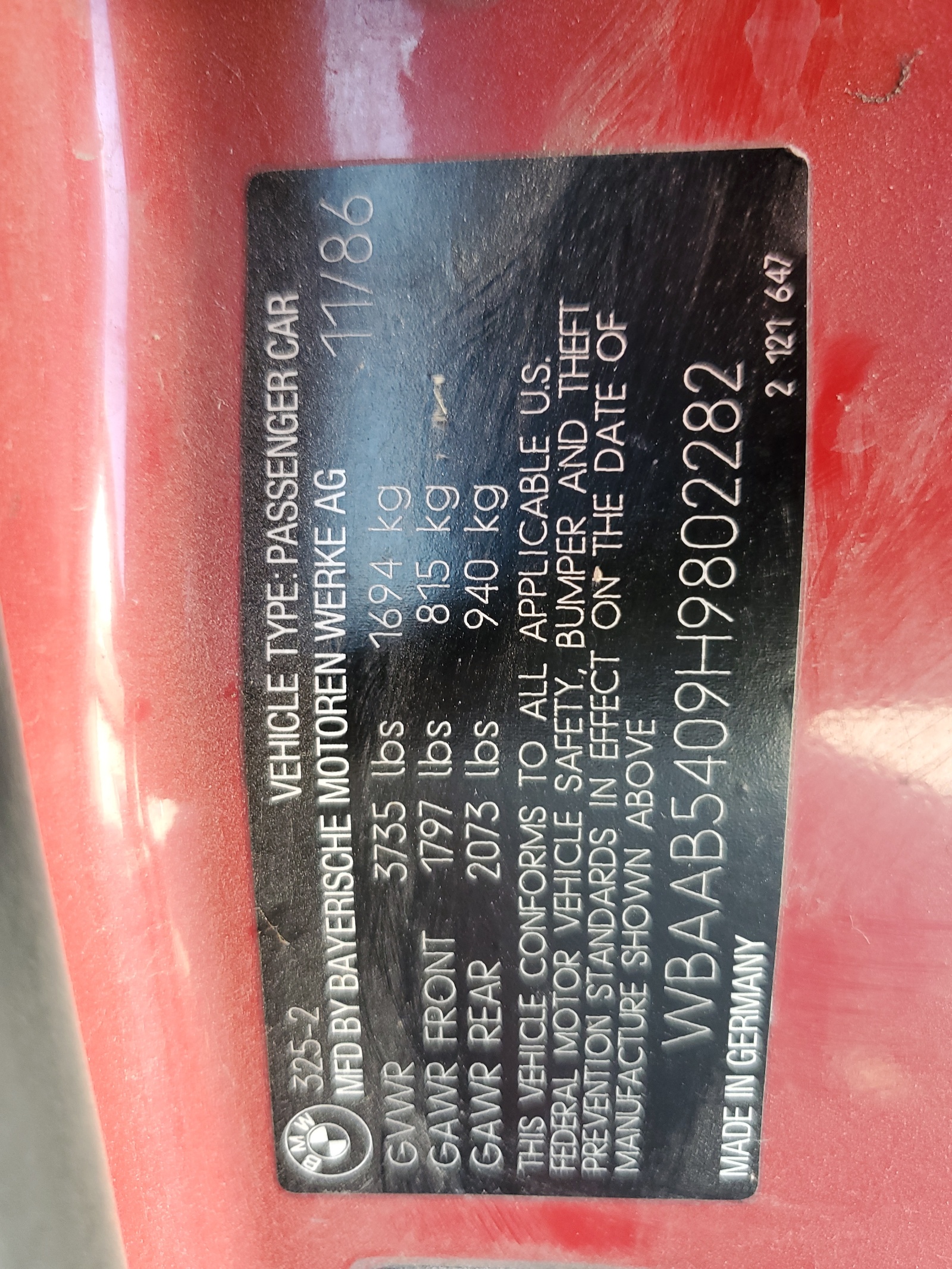 WBAAB5409H9802282 1987 BMW 325 Base