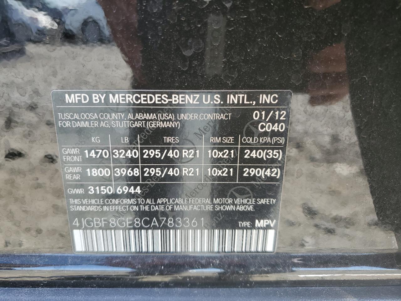 4JGBF8GE8CA783361 2012 Mercedes-Benz Gl 550 4Matic