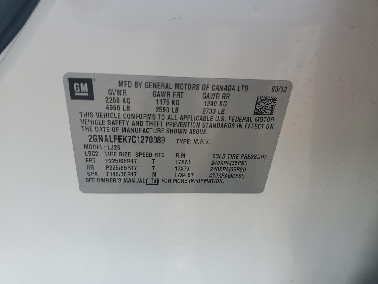 2012 Chevrolet Equinox Ltz VIN: 2GNALFEK7C1270089 Lot: 60705984