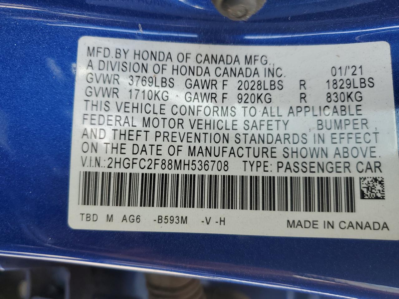 2HGFC2F88MH536708 2021 Honda Civic Sport