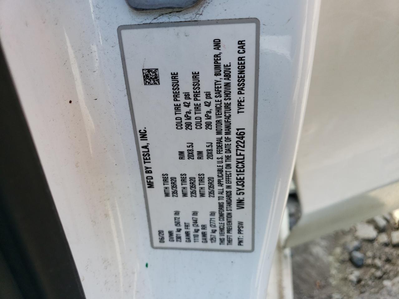 5YJ3E1ECXLF722461 2020 Tesla Model 3