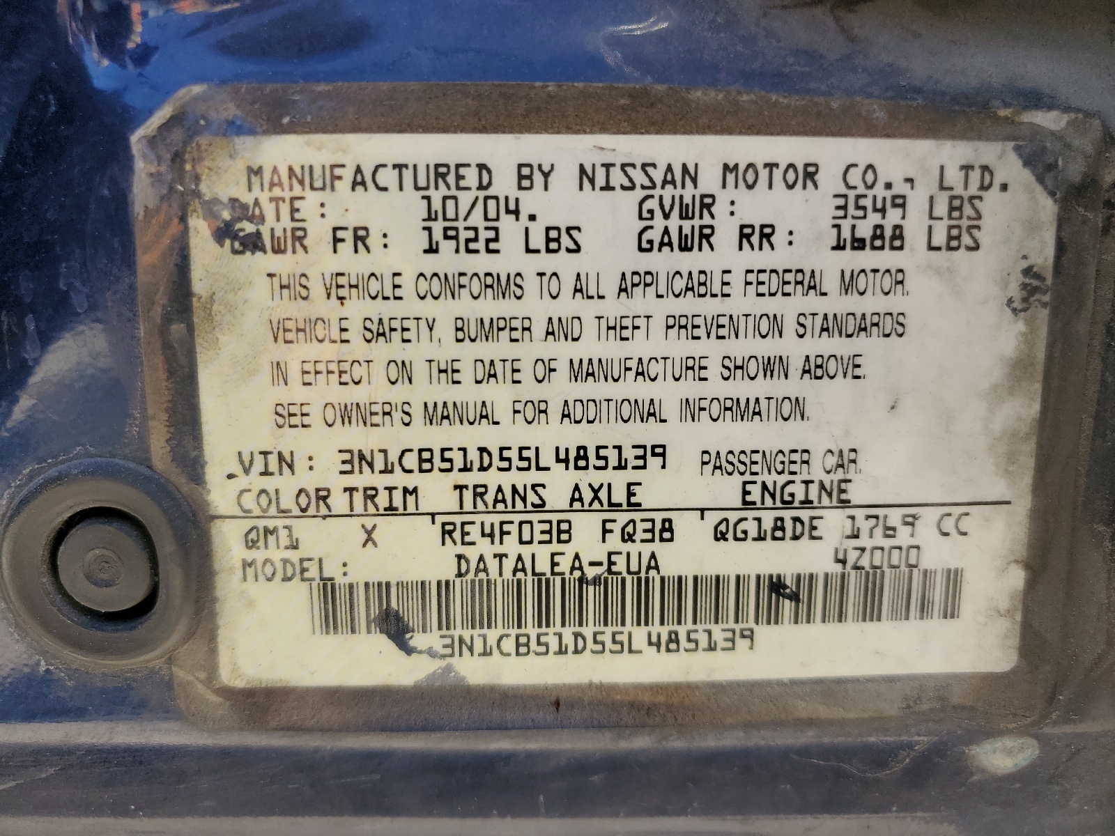 3N1CB51D55L485139 2005 Nissan Sentra 1.8