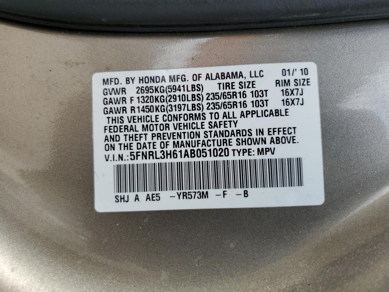 2010 Honda Odyssey Exl VIN: 5FNRL3H61AB051020 Lot: 54776965