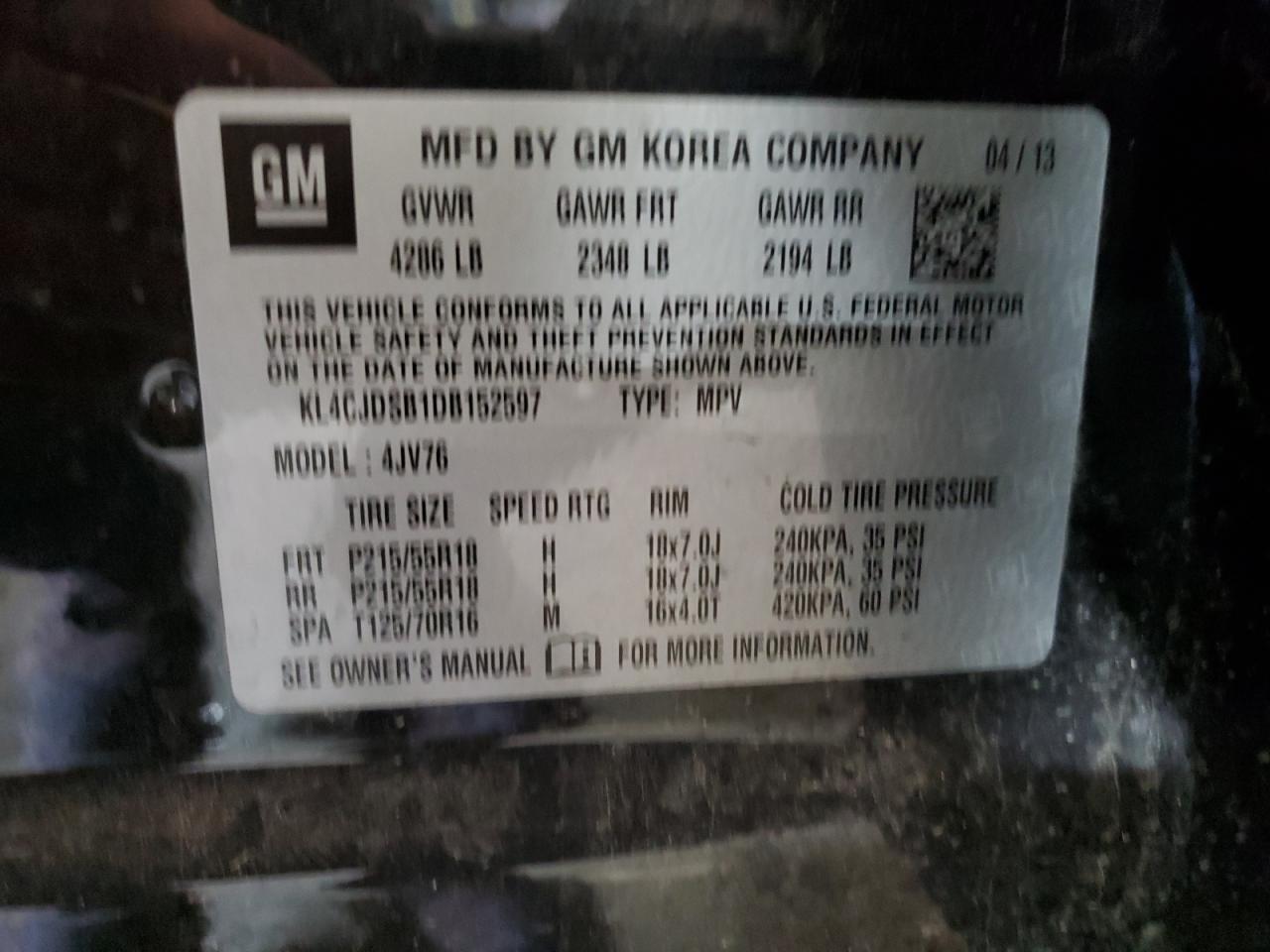 2013 Buick Encore Premium VIN: KL4CJDSB1DB152597 Lot: 61002514