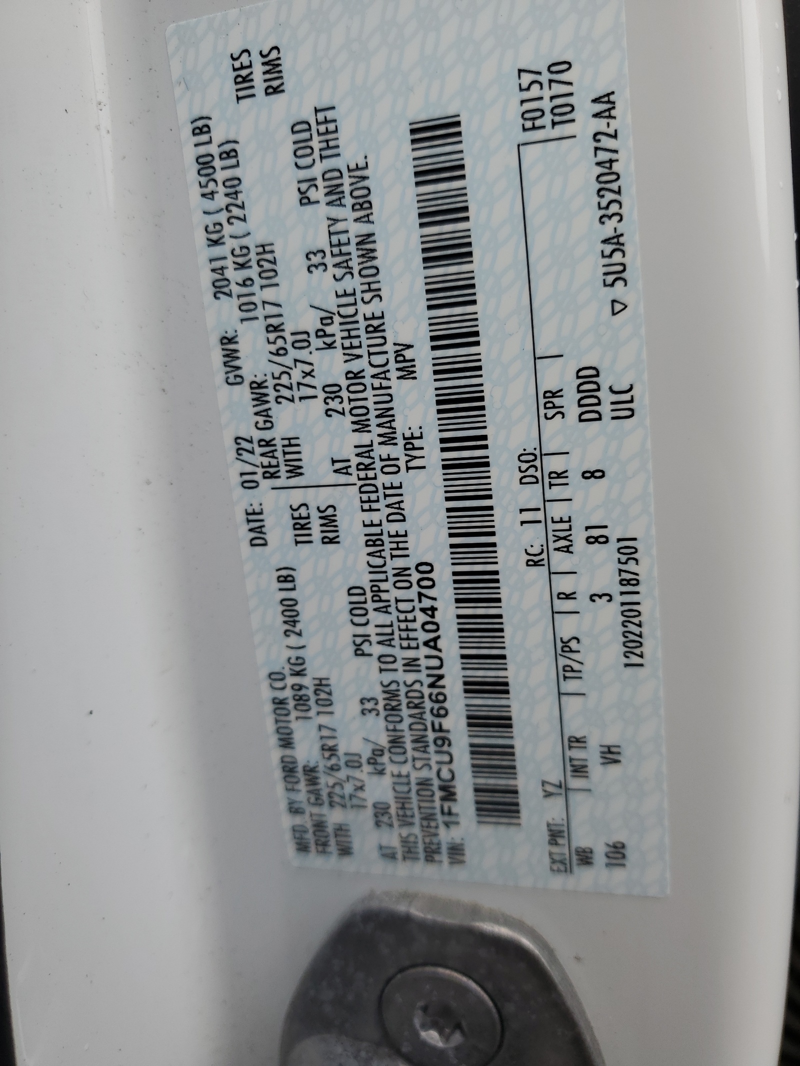 1FMCU9F66NUA04700 2022 Ford Escape S