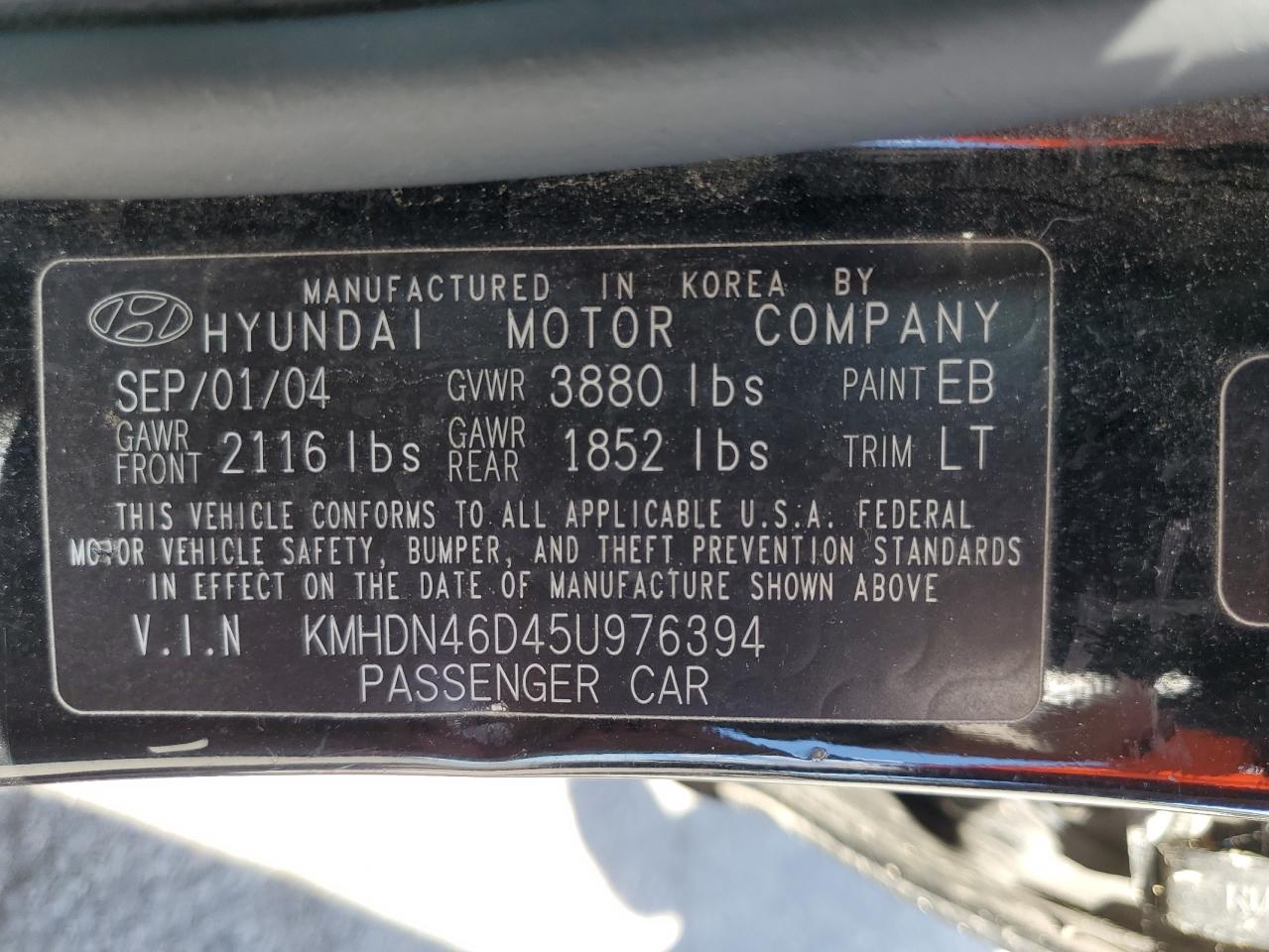 2005 Hyundai Elantra Gls VIN: KMHDN46D45U976394 Lot: 59207864