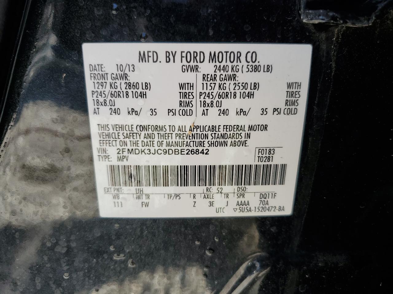 2013 Ford Edge Sel VIN: 2FMDK3JC9DBE26842 Lot: 59354574