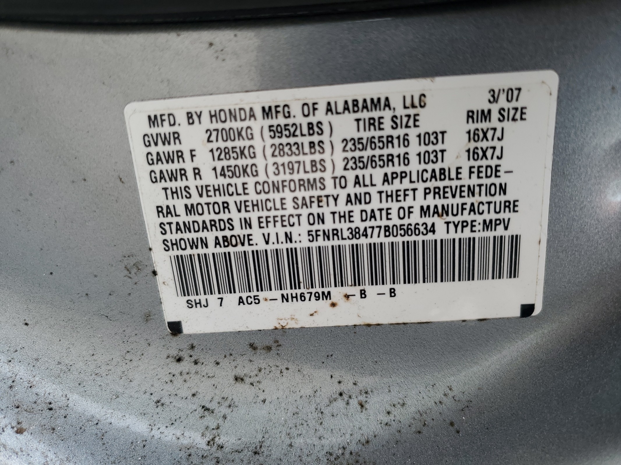 5FNRL38477B056634 2007 Honda Odyssey Ex