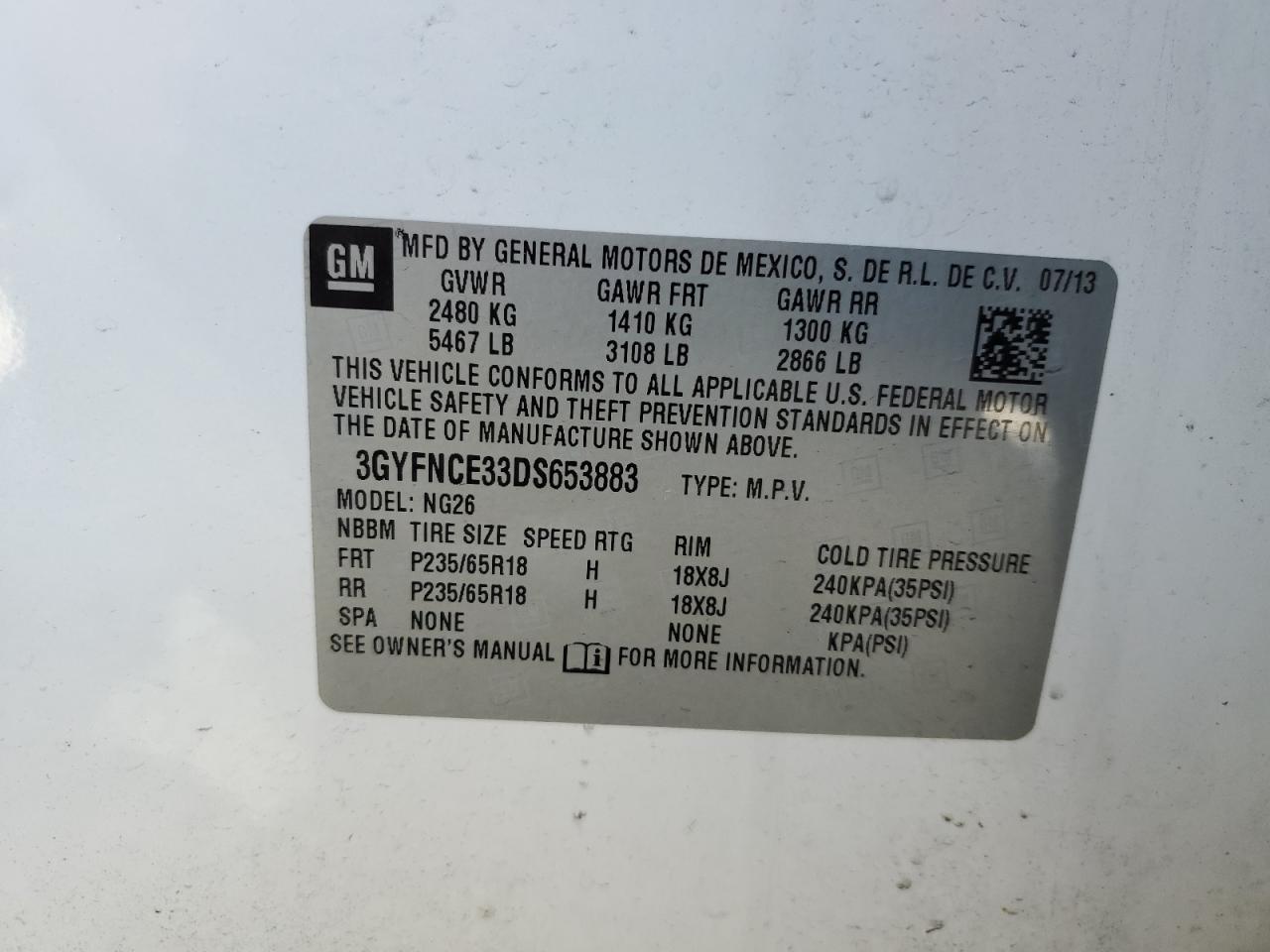 2013 Cadillac Srx Luxury Collection VIN: 3GYFNCE33DS653883 Lot: 52386665