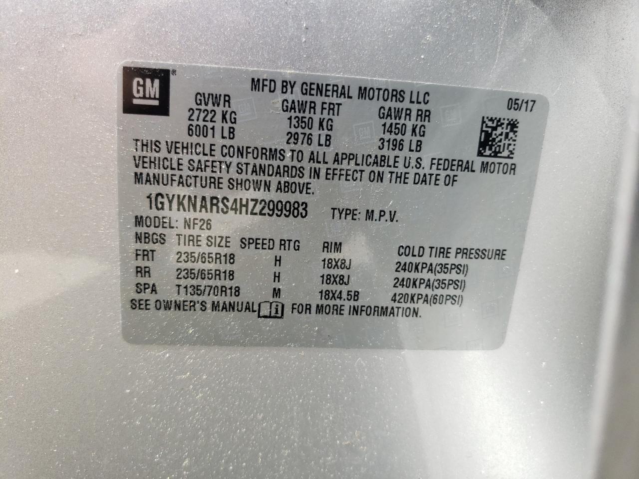 2017 Cadillac Xt5 VIN: 1GYKNARS4HZ299983 Lot: 59664254