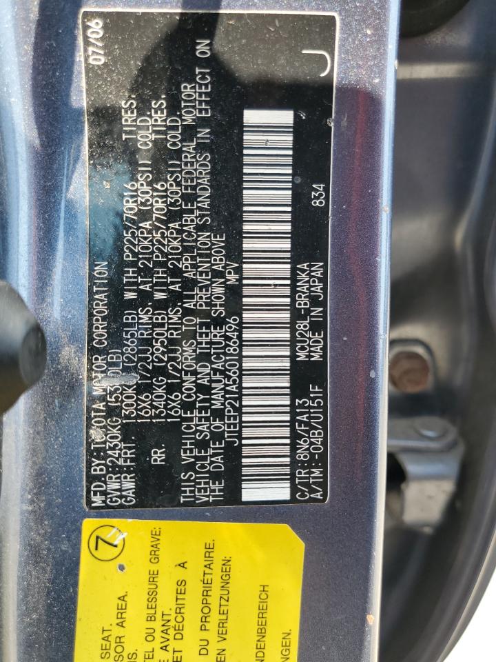 2006 Toyota Highlander Limited VIN: JTEEP21A560186496 Lot: 59410674