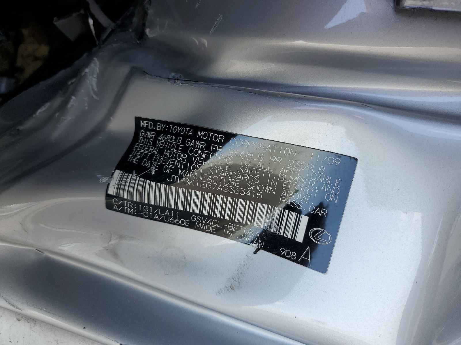 JTHBK1EG7A2363415 2010 Lexus Es 350