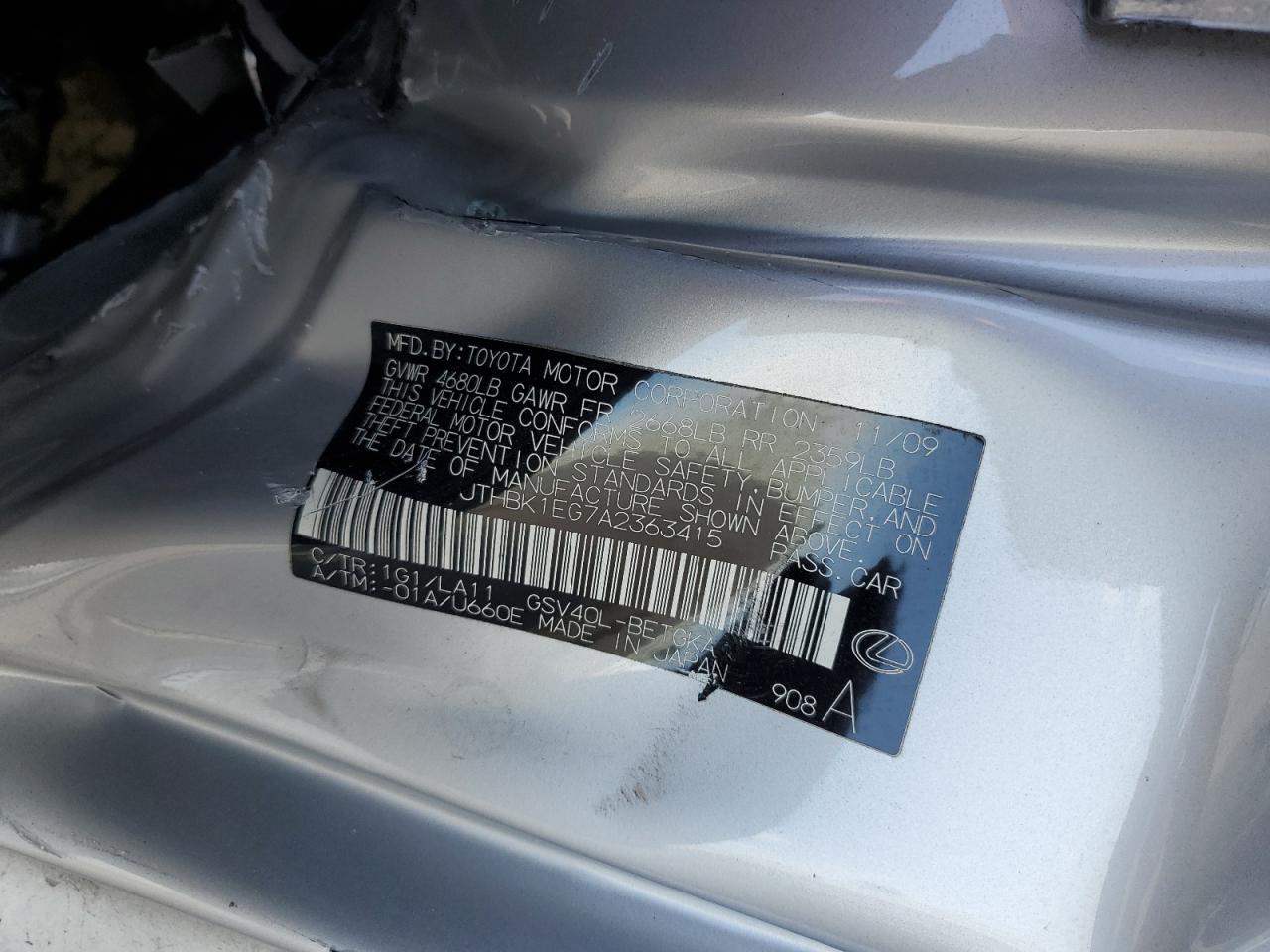 2010 Lexus Es 350 VIN: JTHBK1EG7A2363415 Lot: 59234104