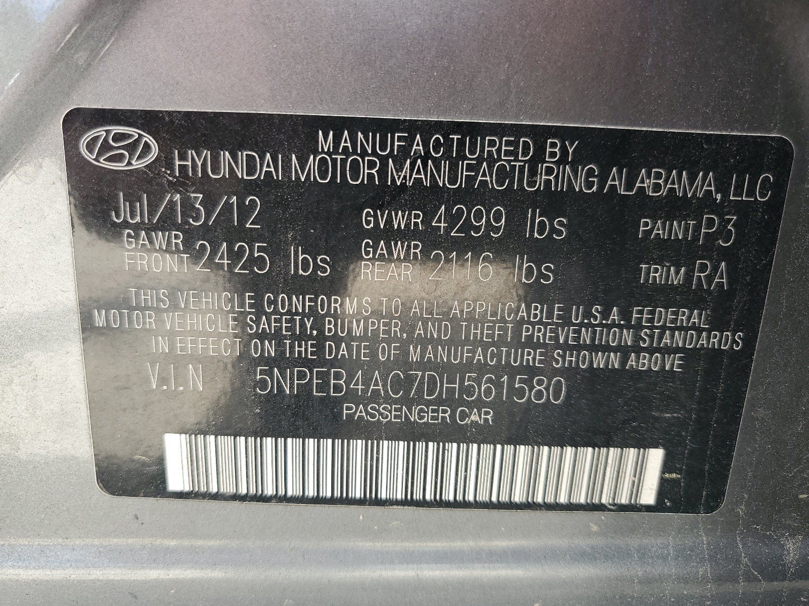 5NPEB4AC7DH561580 2013 Hyundai Sonata Gls