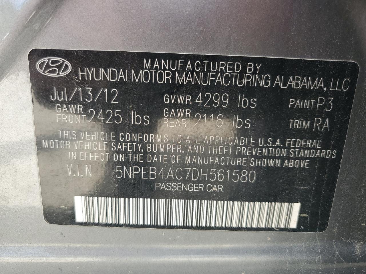 2013 Hyundai Sonata Gls VIN: 5NPEB4AC7DH561580 Lot: 58837424