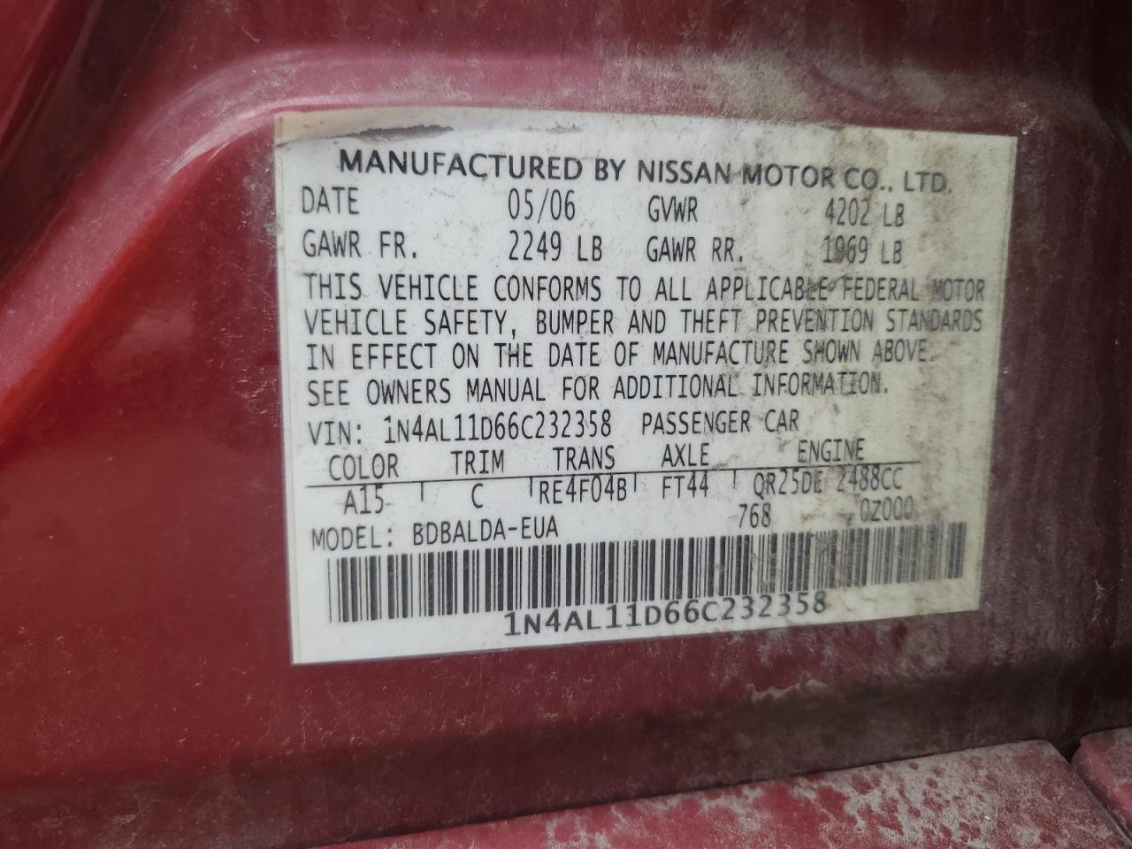 1N4AL11D66C232358 2006 Nissan Altima S