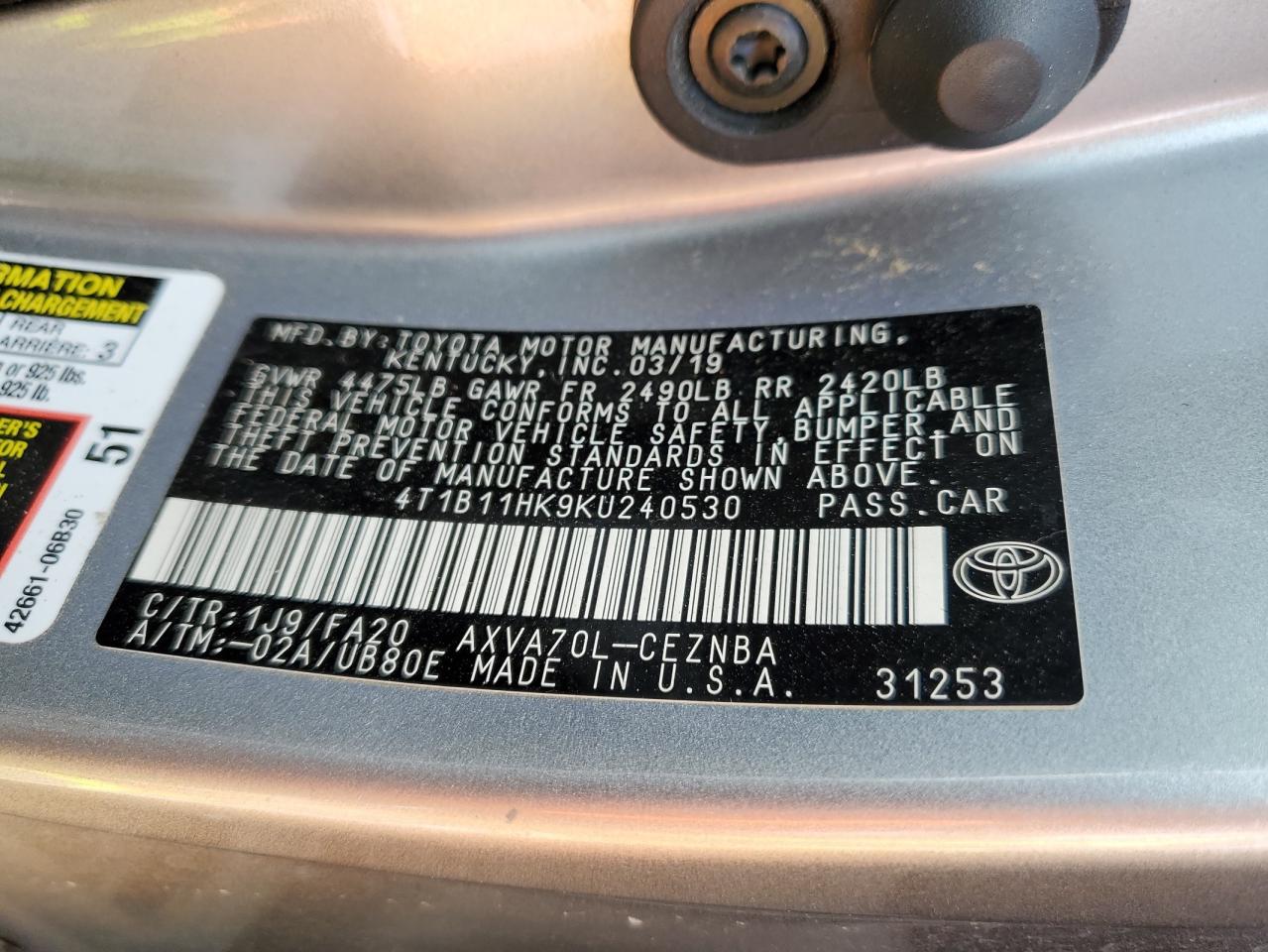 4T1B11HK9KU240530 2019 TOYOTA CAMRY - Image 14