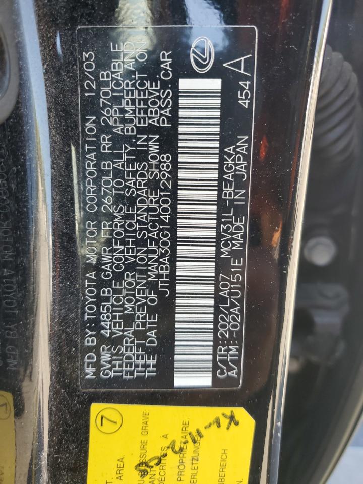 2004 Lexus Es 330 VIN: JTHBA30G140012988 Lot: 59694104