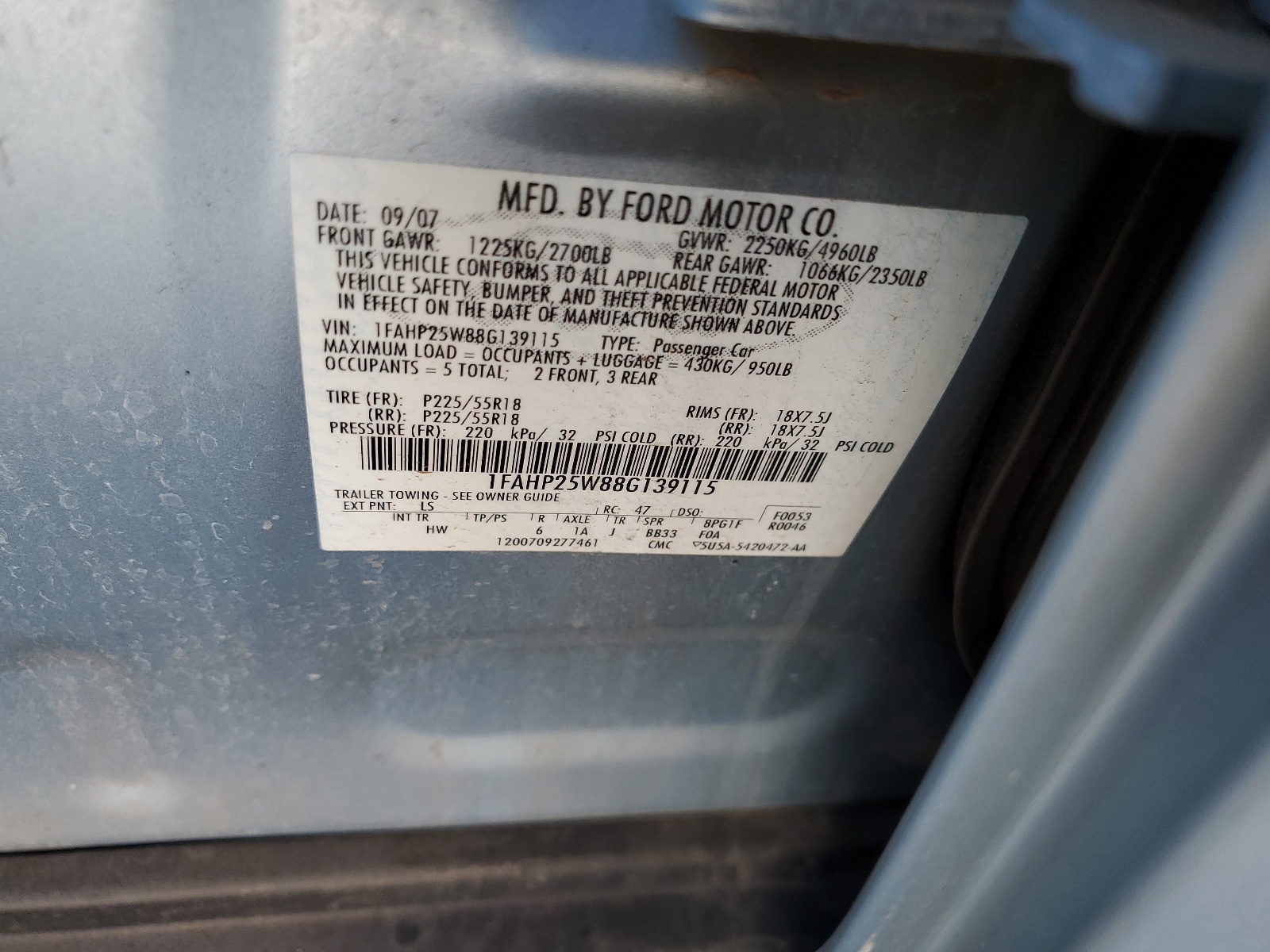 1FAHP25W88G139115 2008 Ford Taurus Limited