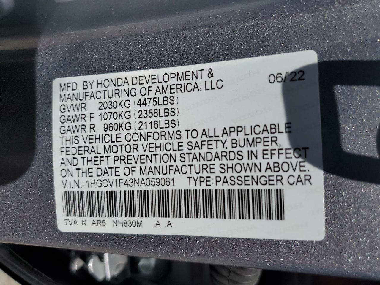 2022 Honda Accord Sport Se VIN: 1HGCV1F43NA059061 Lot: 59359004