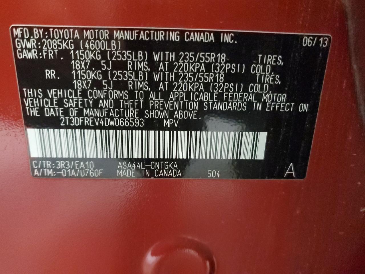 2013 Toyota Rav4 Limited VIN: 2T3DFREV4DW066593 Lot: 58252804