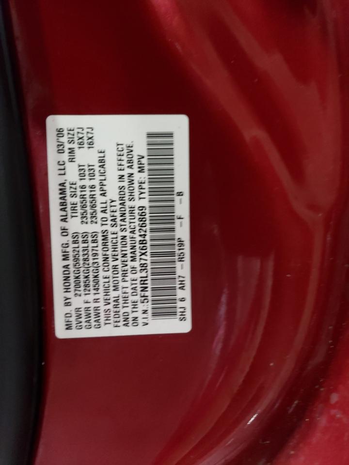 2006 Honda Odyssey Exl VIN: 5FNRL387X6B426869 Lot: 60529684