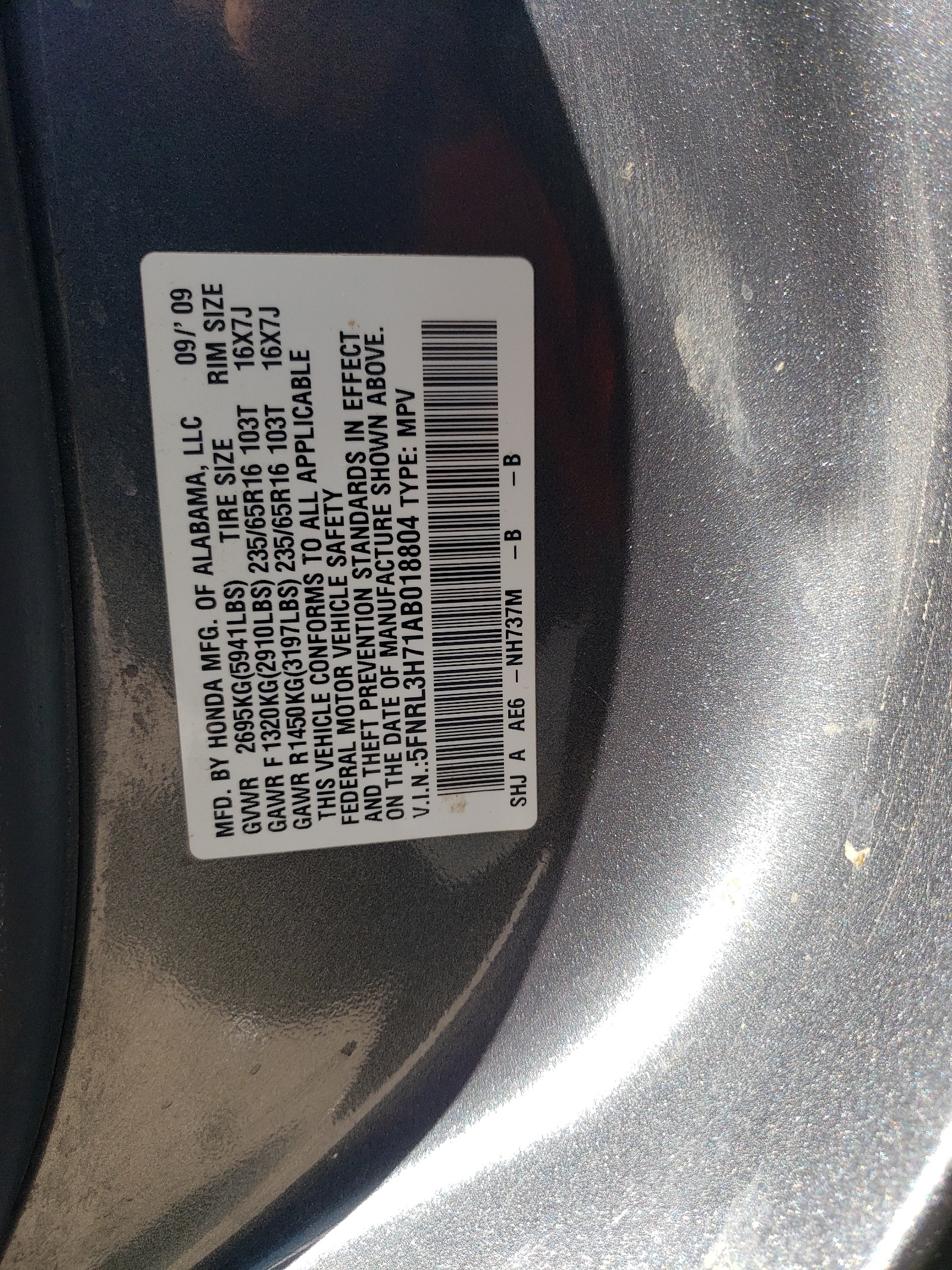 5FNRL3H71AB018804 2010 Honda Odyssey Exl