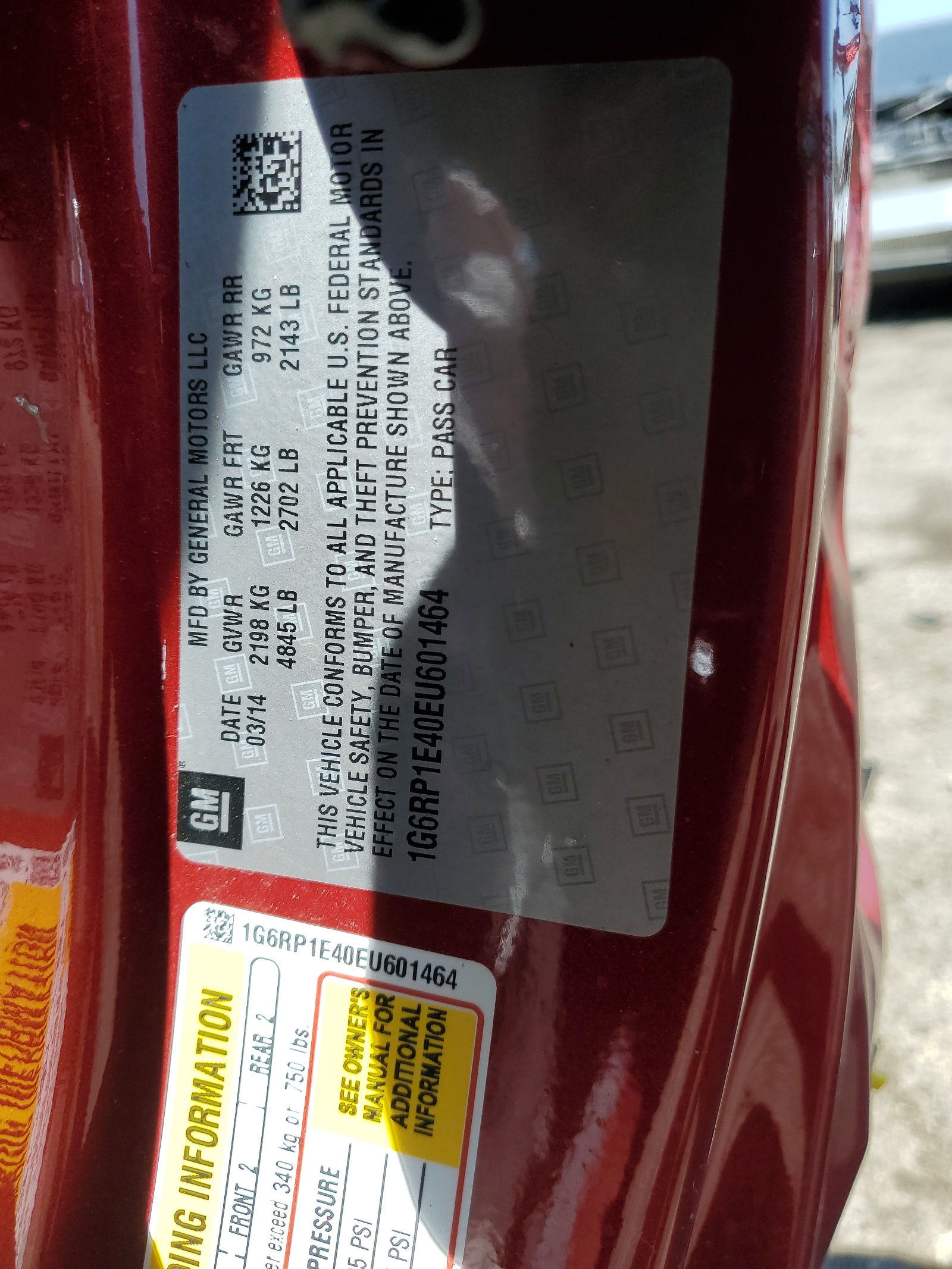 1G6RP1E40EU601464 2014 Cadillac Elr Luxury