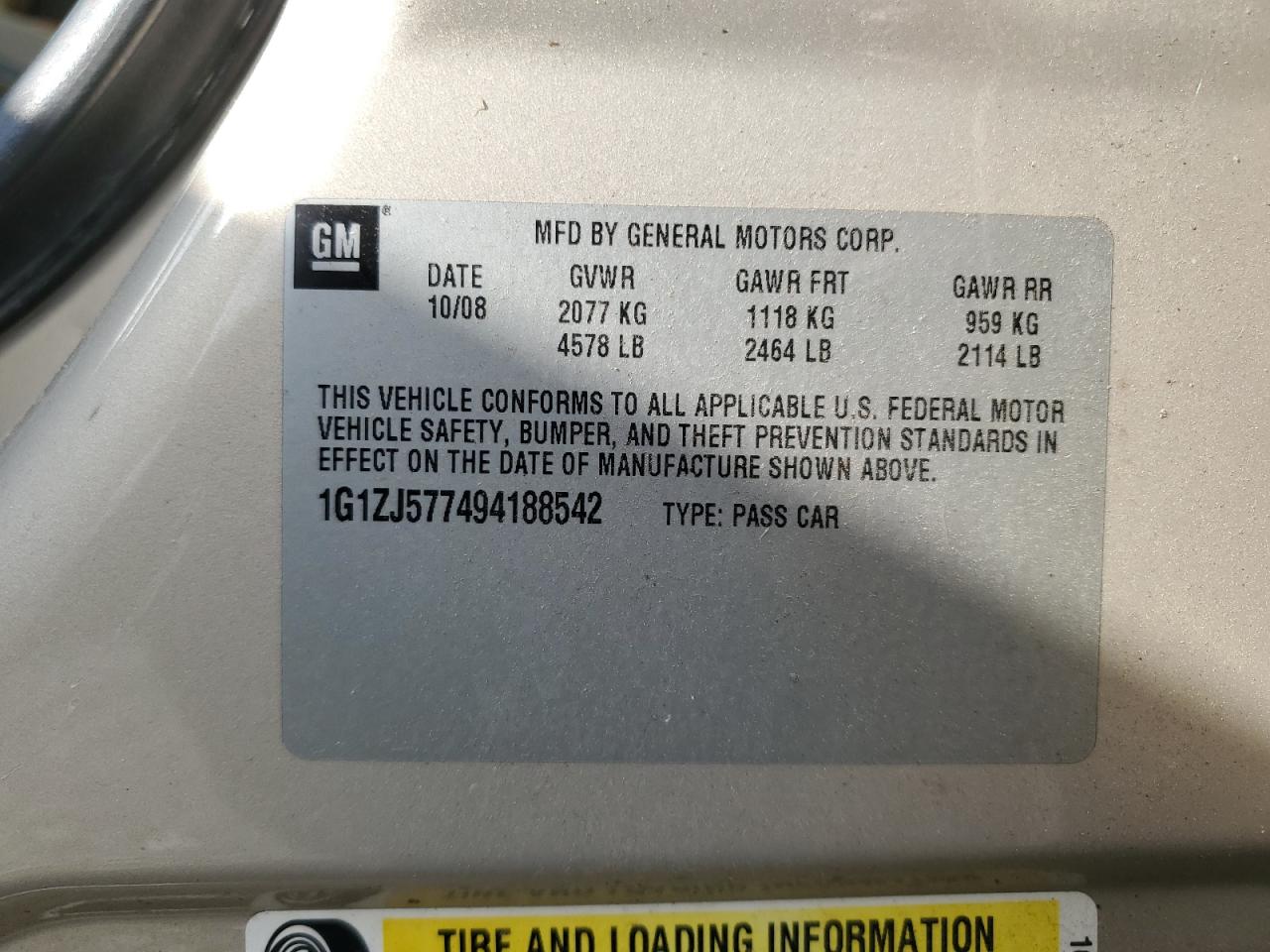 2009 Chevrolet Malibu 2Lt VIN: 1G1ZJ577494188542 Lot: 60223924