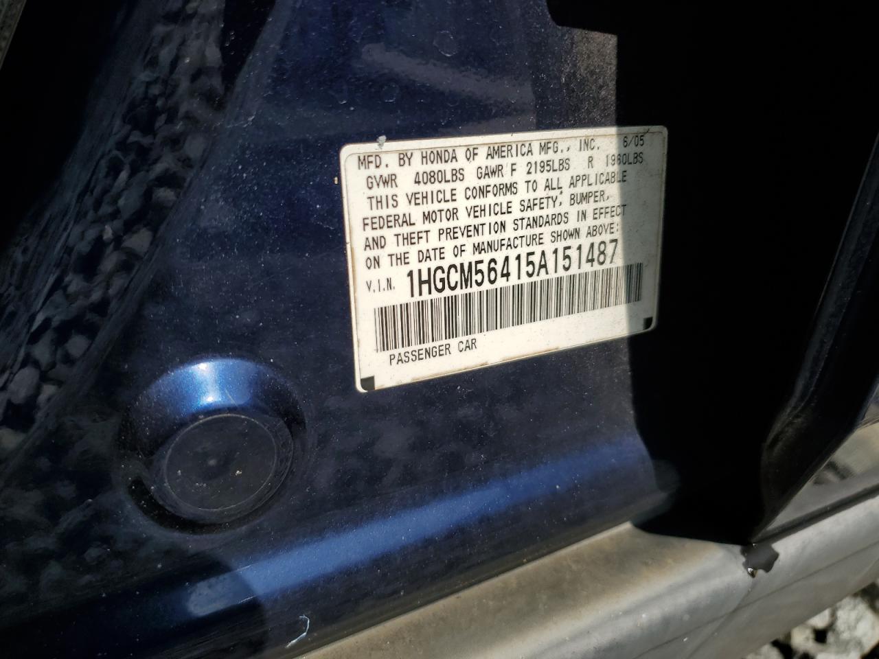 2005 Honda Accord Lx VIN: 1HGCM56415A151487 Lot: 57787734