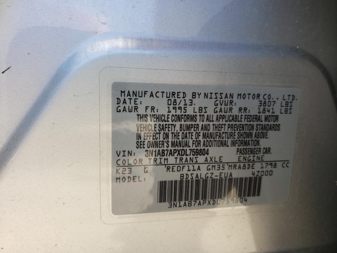 3N1AB7APXDL759804 2013 Nissan Sentra S