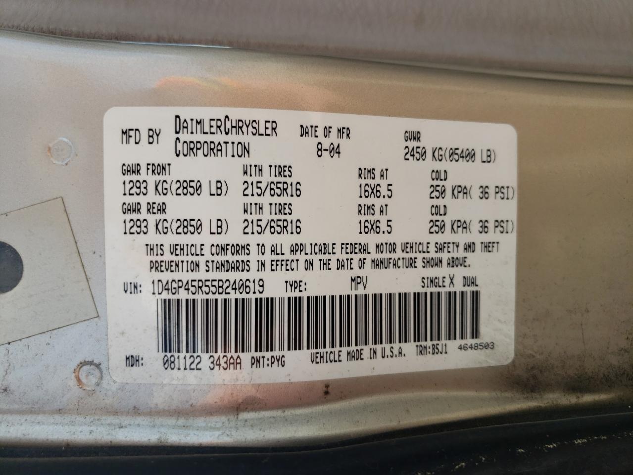 2005 Dodge Caravan Sxt VIN: 1D4GP45R55B240619 Lot: 60077304