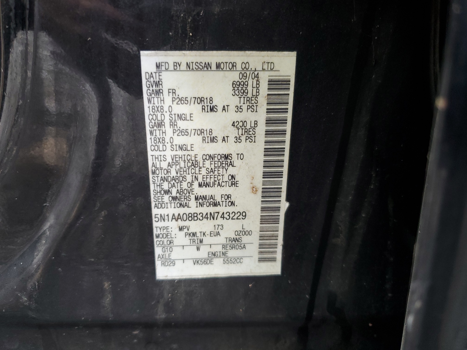 5N1AA08B34N743229 2004 Nissan Armada Se