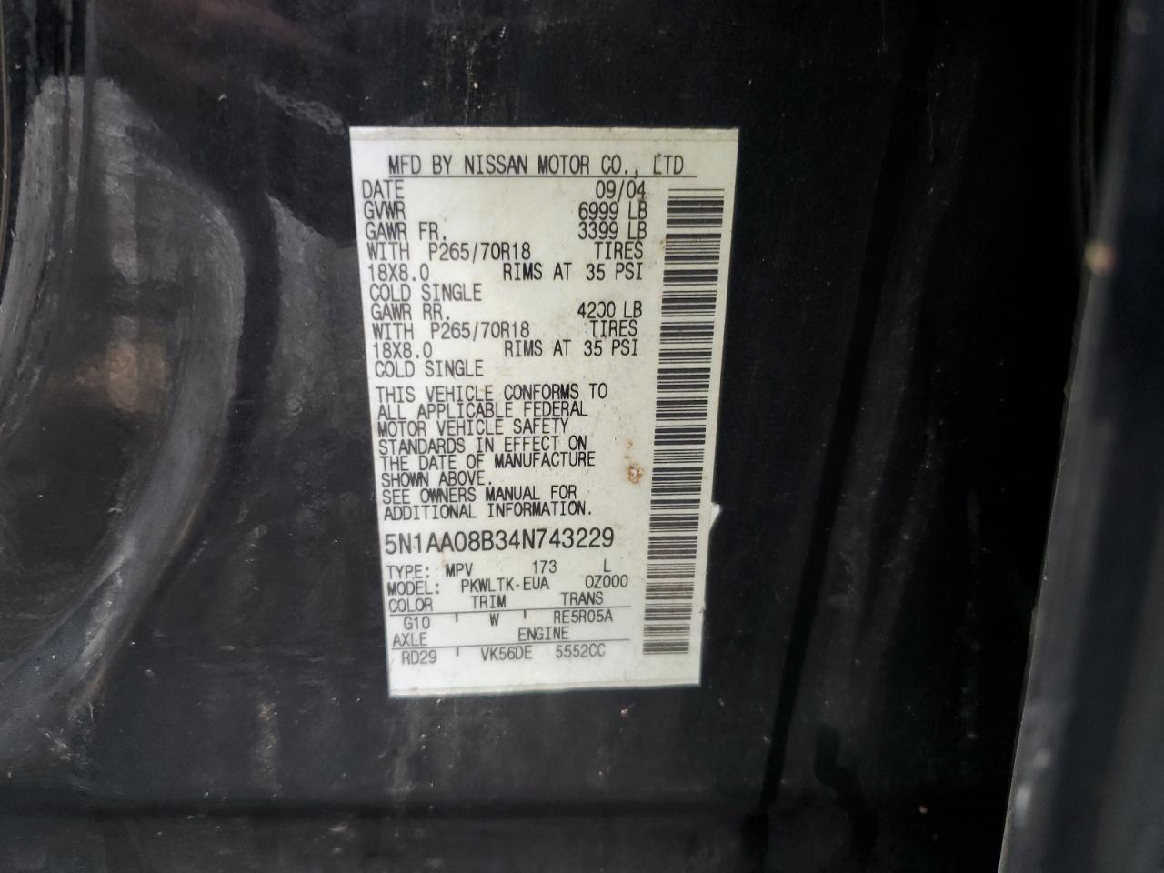 2004 Nissan Armada Se VIN: 5N1AA08B34N743229 Lot: 58620534