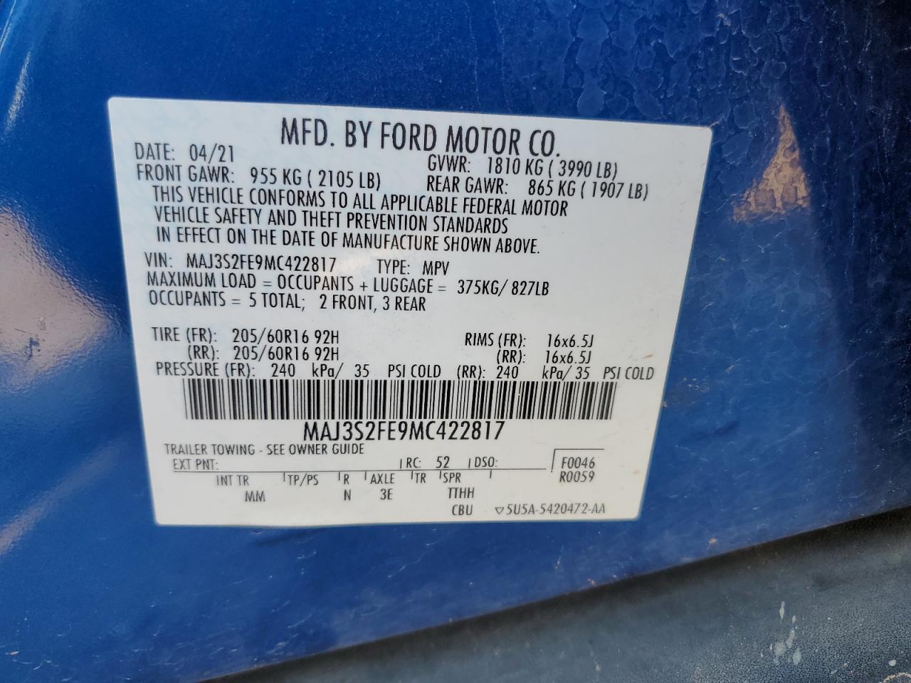 2021 Ford Ecosport S VIN: MAJ3S2FE9MC422817 Lot: 54088664