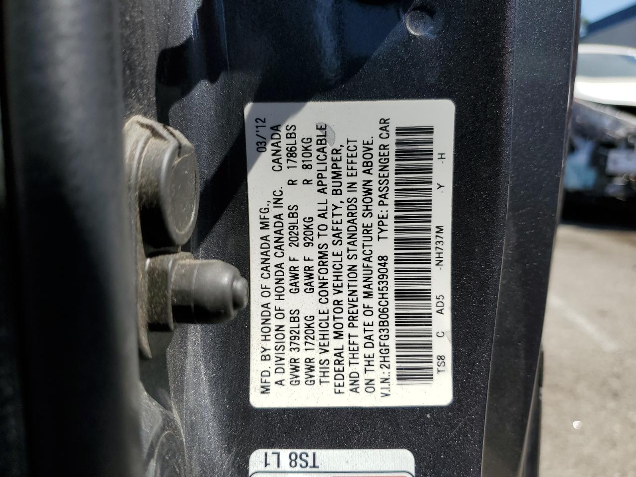 2HGFG3B06CH539048 2012 Honda Civic Exl