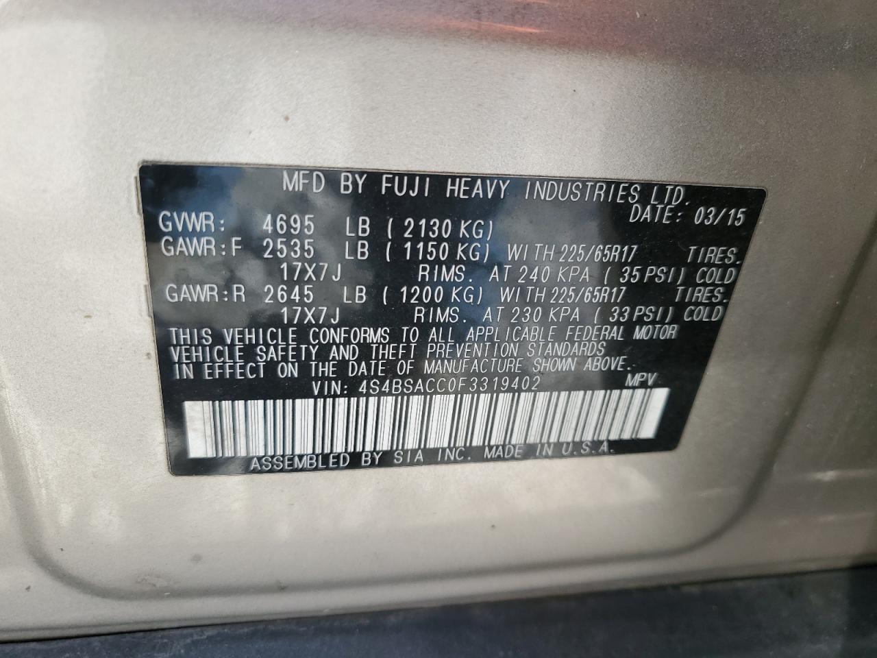 2015 Subaru Outback 2.5I Premium VIN: 4S4BSACC0F3319402 Lot: 58602554