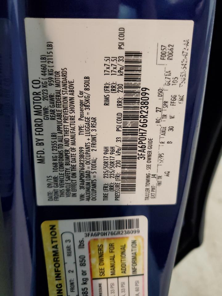 2016 Ford Fusion Se VIN: 3FA6P0H76GR238099 Lot: 57203854