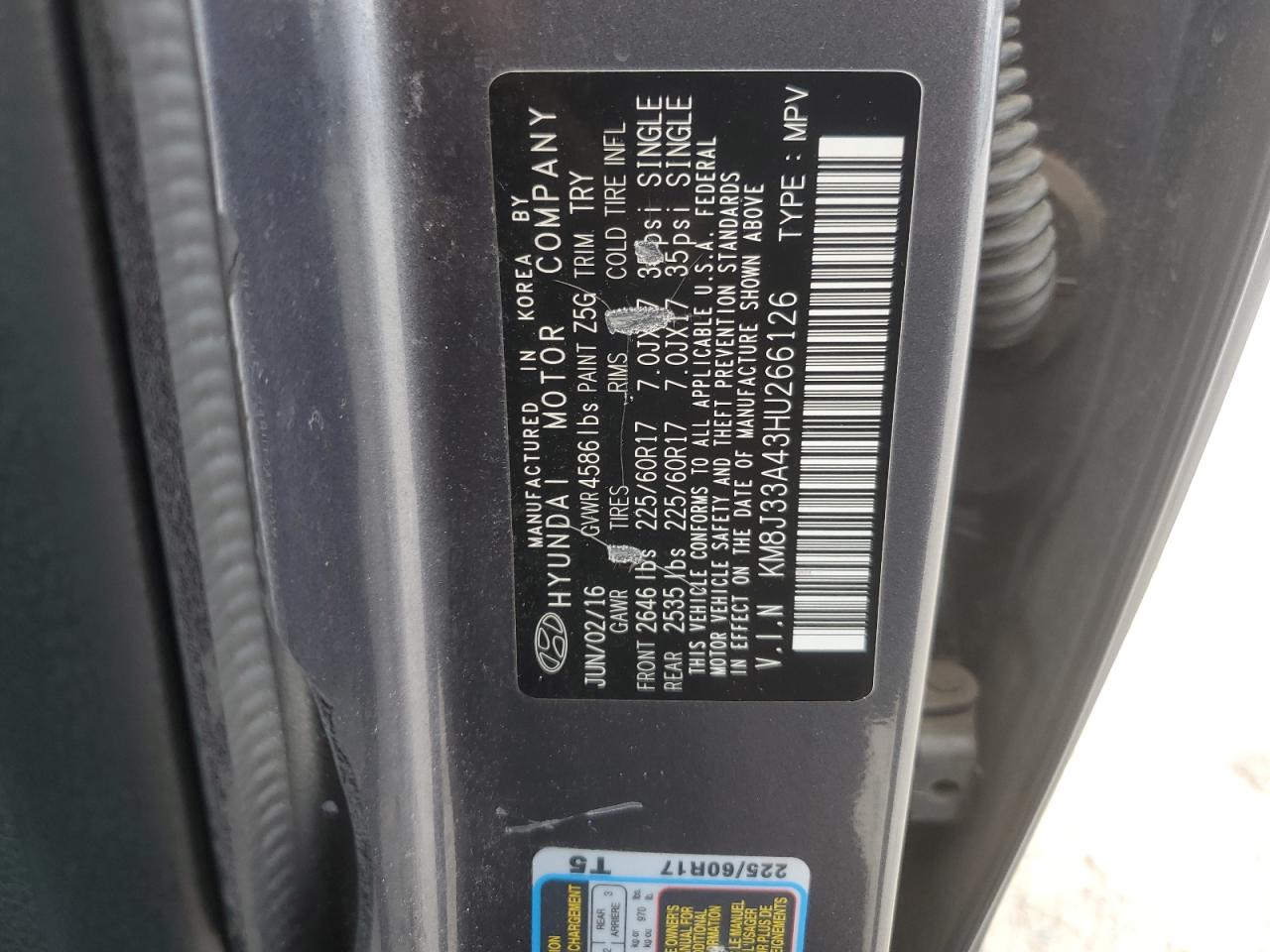 2017 Hyundai Tucson Limited VIN: KM8J33A43HU266126 Lot: 58074364