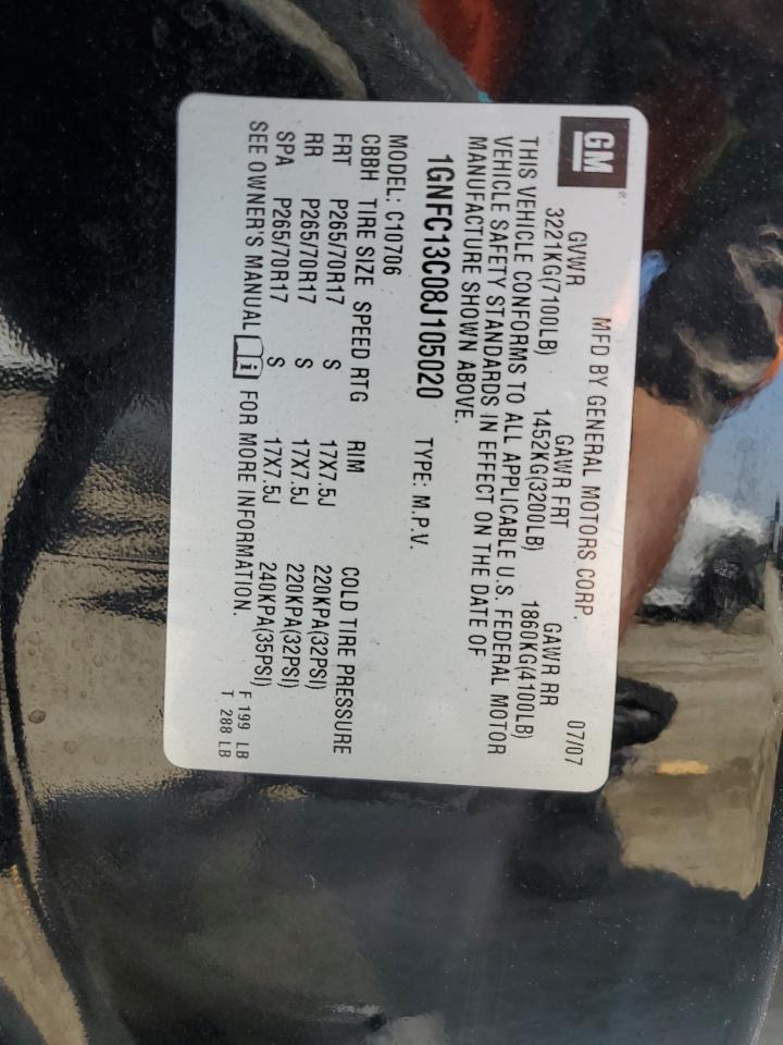 2008 Chevrolet Tahoe C1500 VIN: 1GNFC13C08J105020 Lot: 57924844