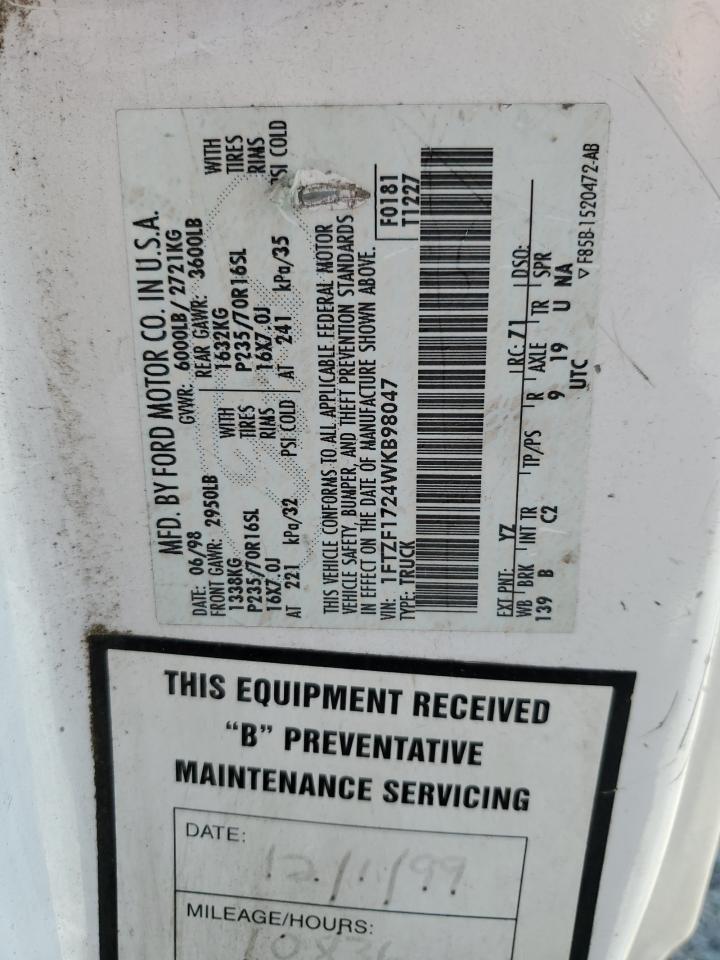 1998 Ford F150 VIN: 1FTZF1724WKB98047 Lot: 59760574