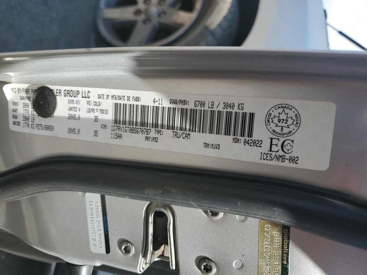 2011 Dodge Ram 1500 VIN: 1D7RV1GT0BS670787 Lot: 58901154