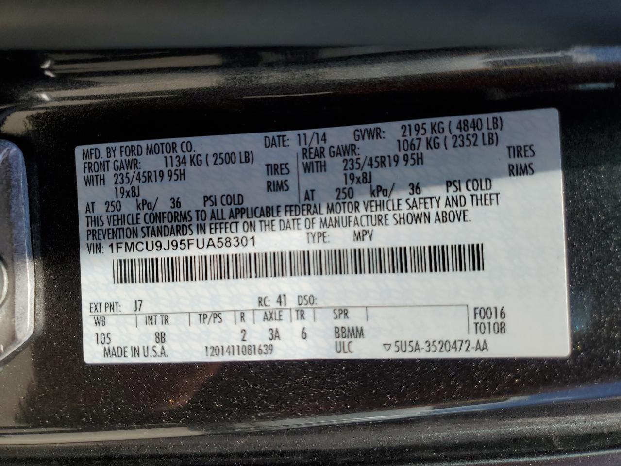 2015 Ford Escape Titanium VIN: 1FMCU9J95FUA58301 Lot: 57769004