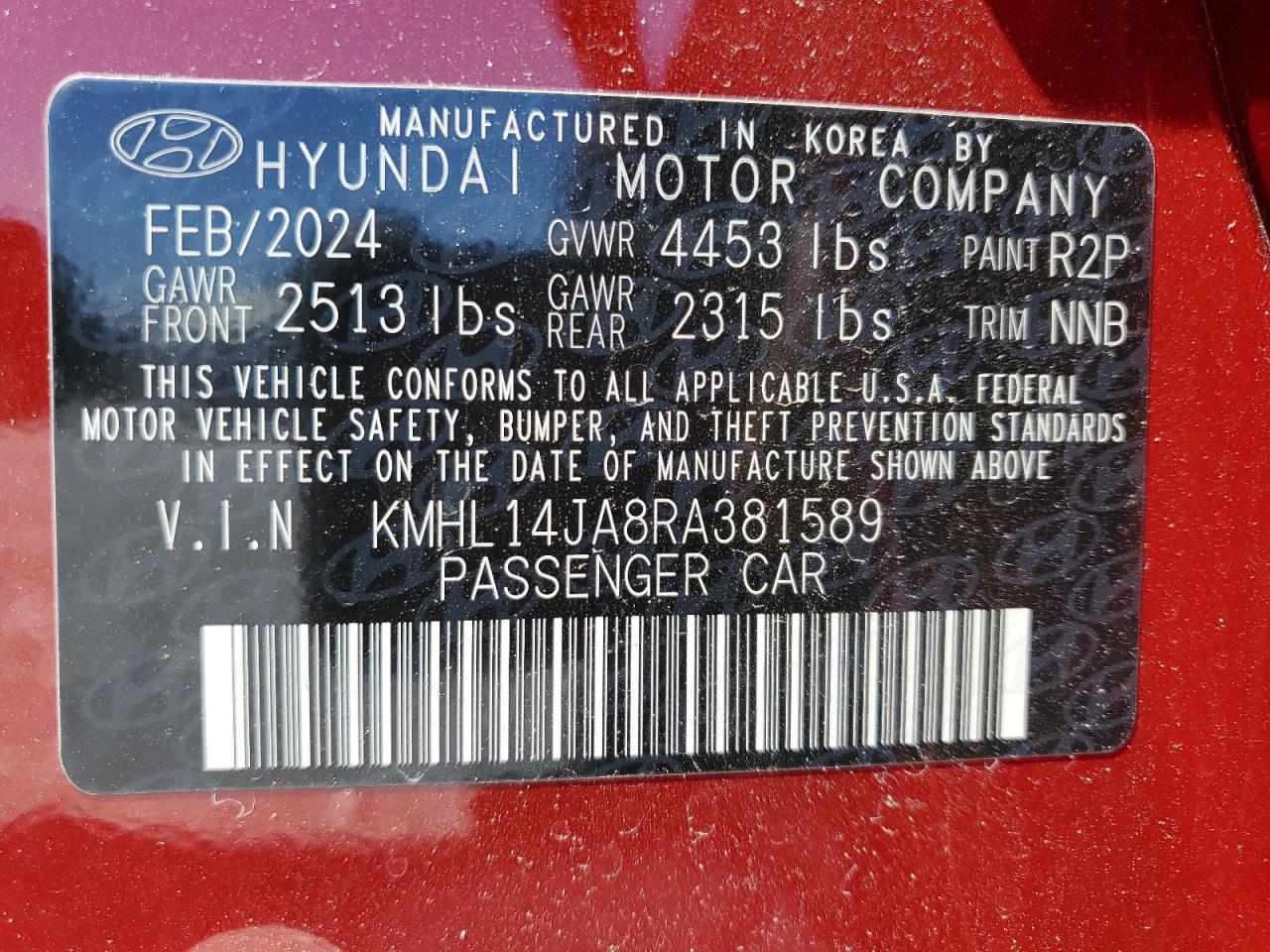 KMHL14JA8RA381589 2024 Hyundai Sonata Sel