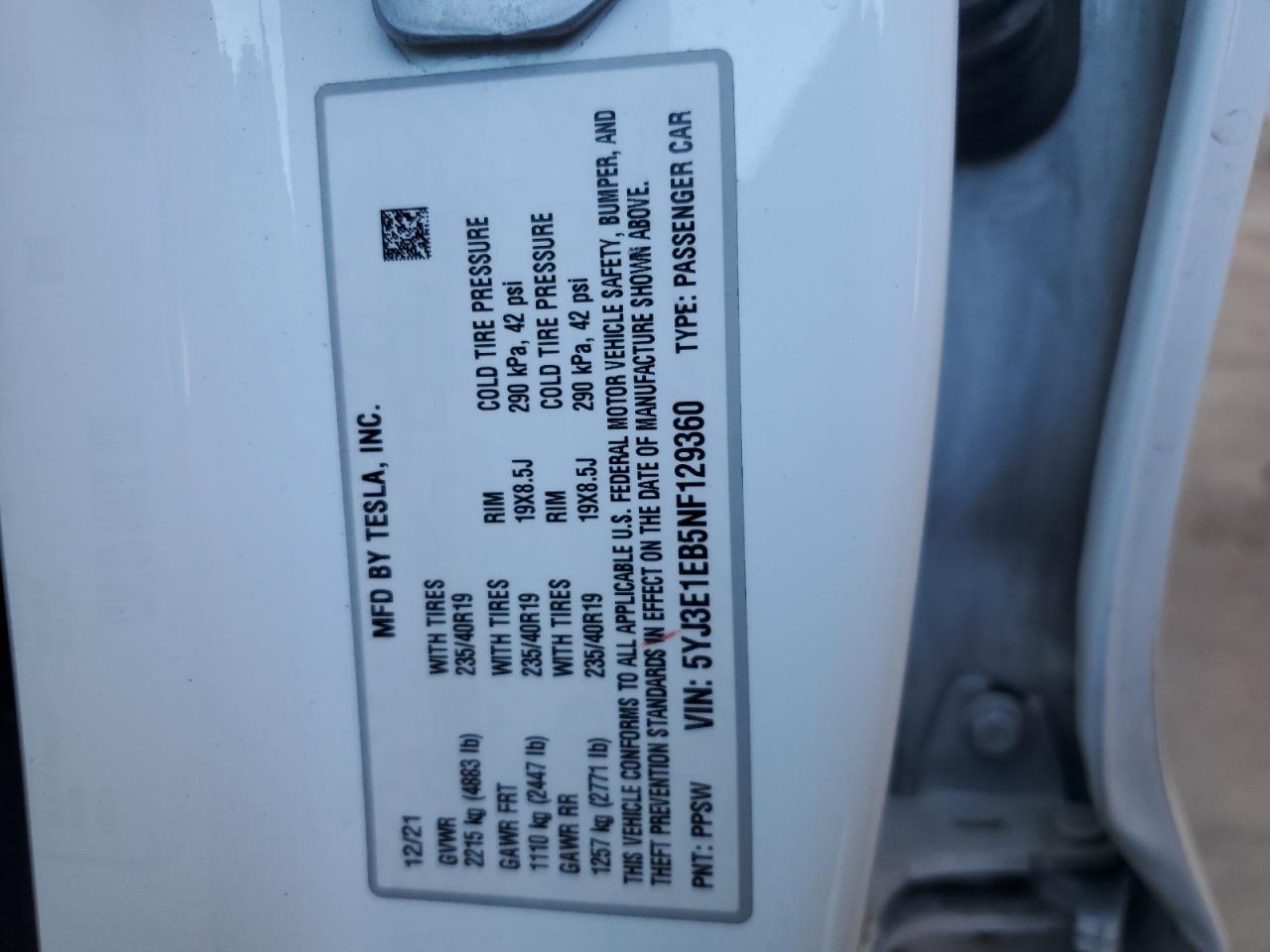 5YJ3E1EB5NF129360 2022 Tesla Model 3